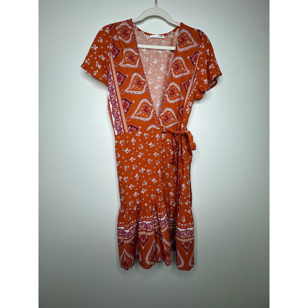 R. Vivimos Orange Bohemian Floral Wrap Around Dress Size L
